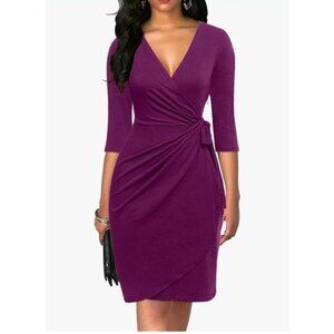 Berydress Womens Elegant Plum Wrap Dress 3/4 Sleeves & Ruching Career Size Small